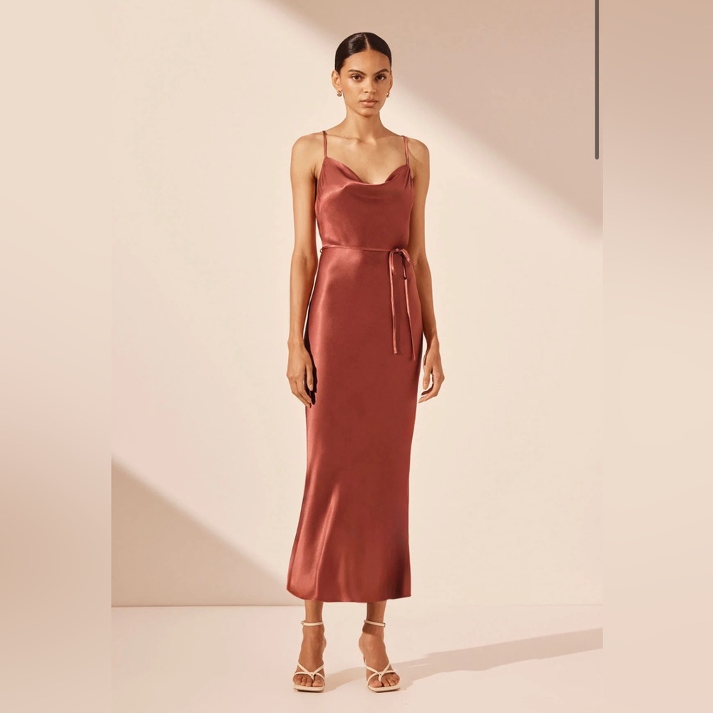 Shona Joy La Lune Bias Cowl Midi Dress in Terracotta